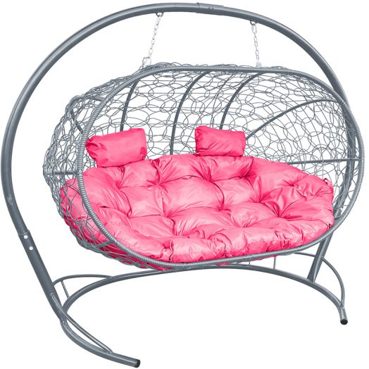 МГПДЛ-13-08 Подвесной диван ЛЕЖЕБОКА с ротангом серый, розовая подушка