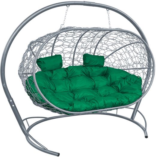 МГПДЛ-13-04 Подвесной диван ЛЕЖЕБОКА с ротангом серый, зелёная подушка