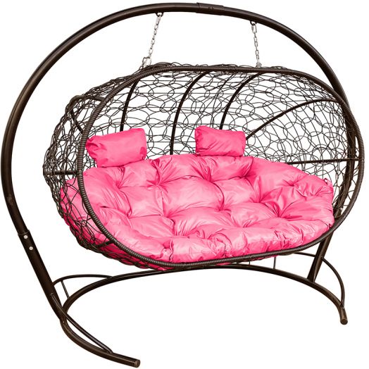 МГПДЛ-12-08 Подвесной диван ЛЕЖЕБОКА с ротангом коричневый, розовая подушка