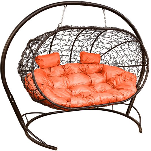 МГПДЛ-12-07 Подвесной диван ЛЕЖЕБОКА с ротангом коричневый, оранжевая подушка