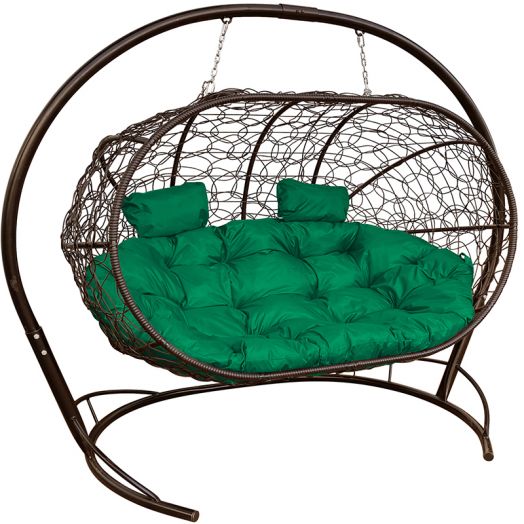 МГПДЛ-12-04 Подвесной диван ЛЕЖЕБОКА с ротангом коричневый, зелёная подушка