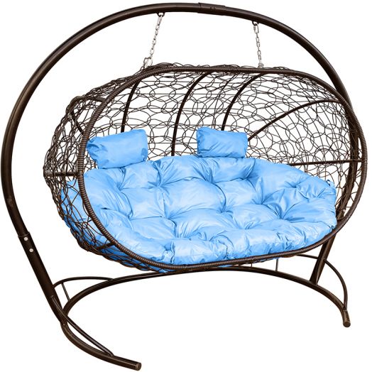 МГПДЛ-12-03 Подвесной диван ЛЕЖЕБОКА с ротангом коричневый, голубая подушка