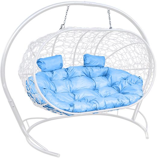 МГПДЛ-11-03 Подвесной диван ЛЕЖЕБОКА с ротангом белый, голубая подушка