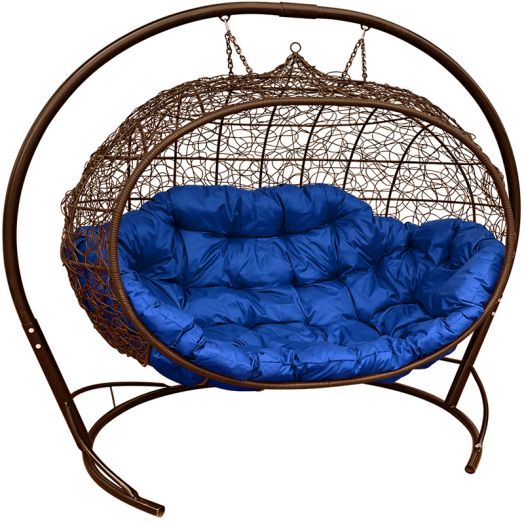 МГПДУ-12-10 Подвесной диван УЛЕЙ с ротангом коричневый, синяя подушка