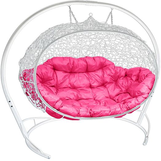 МГПДУ-11-08 Подвесной диван УЛЕЙ с ротангом белый, розовая подушка