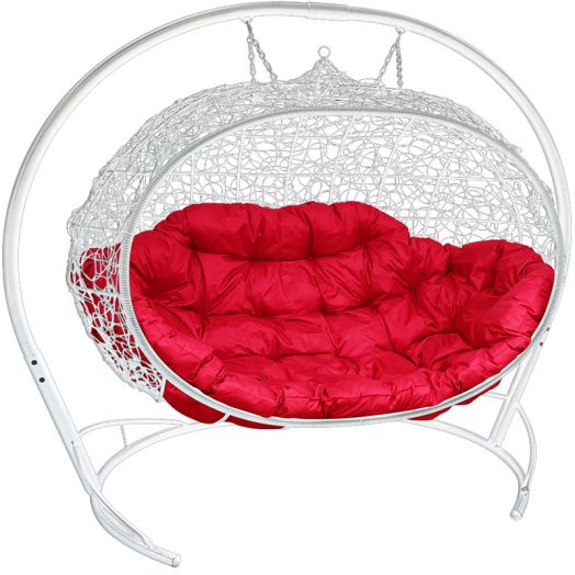 МГПДУ-11-06 Подвесной диван УЛЕЙ с ротангом белый, красная подушка