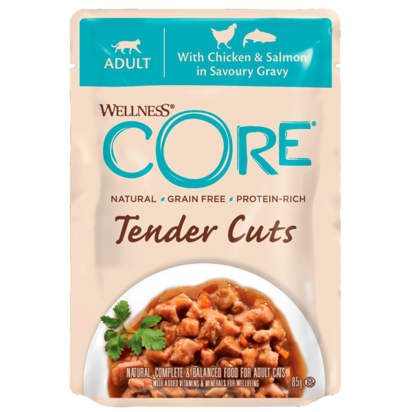 Влажный корм для кошек Core Tender Cuts нарезка в соусе из курицы с лососем 85 гр
