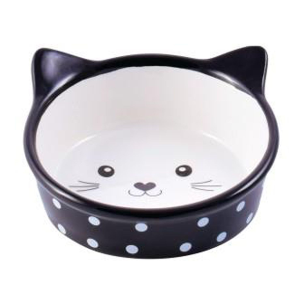 Миска для кошек Mr.Kranch Мордочка кошки черная в горошек керамическая 250 мл