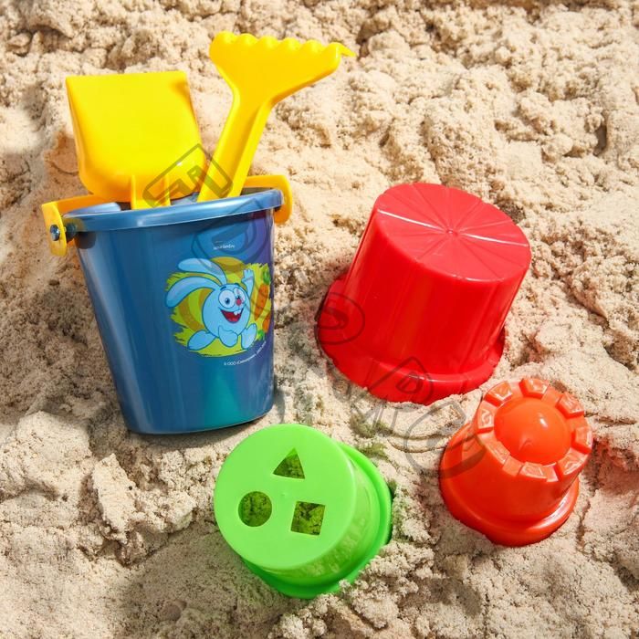 Набор для игры в песке: ведро, совок, грабли, 3 формочки, СМЕШАРИКИ