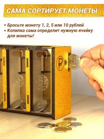 Умная копилка (золото) на 1-2-5-10 рублей. Дерево.