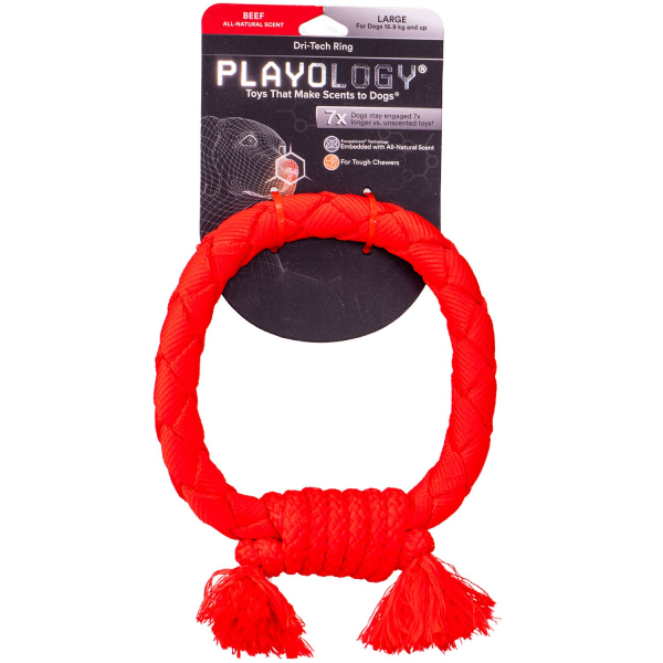 Игрушка для собак средних и крупных пород Playology DRI-TECH RING красное жевательное кольцо-канат с ароматом говядины