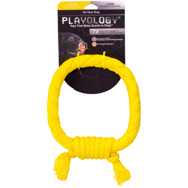 Игрушка для собак средних и крупных пород Playology DRI-TECH RING желтое жевательное кольцо-канат с ароматом курицы