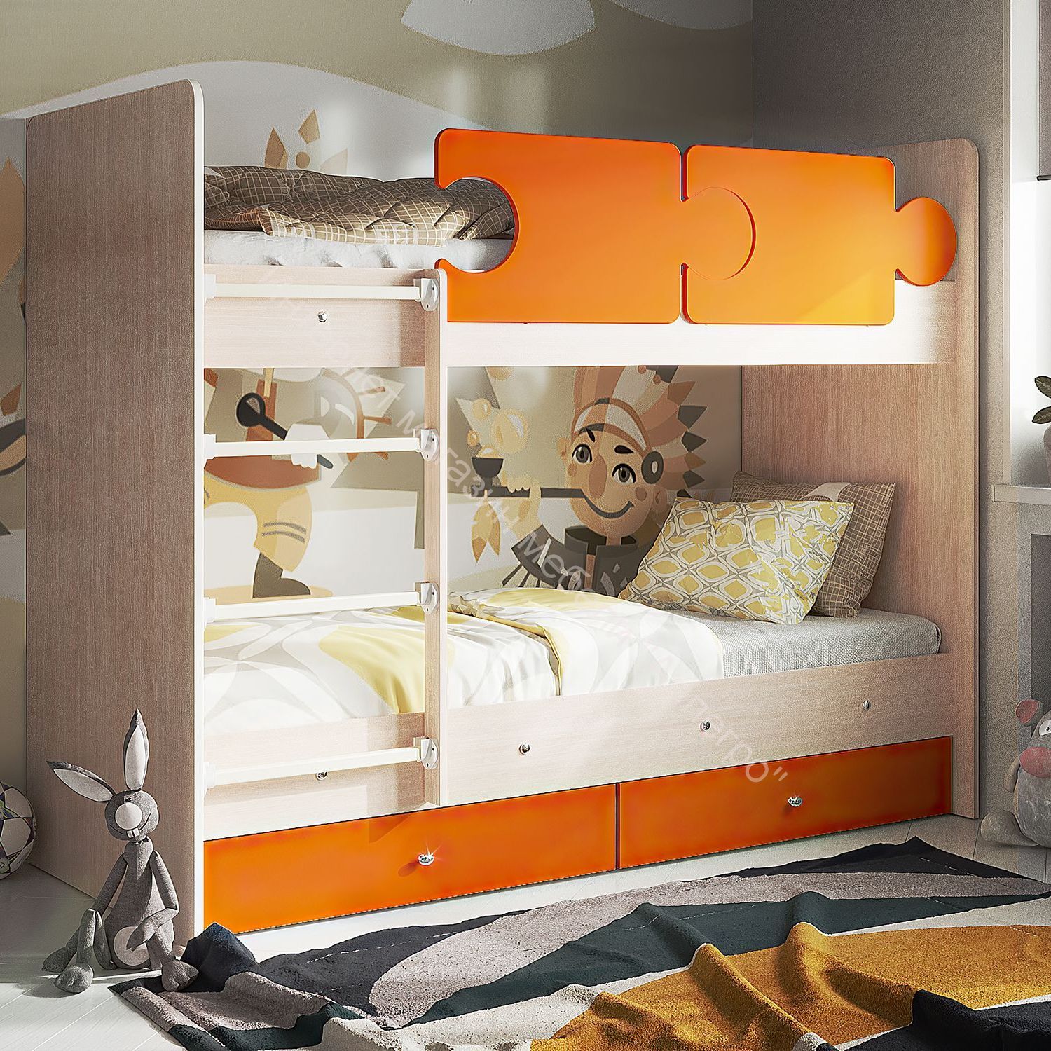 Кровать двухъярусная  "Тетрис" 1900*800 на щитах млечный дуб/оранжевый
