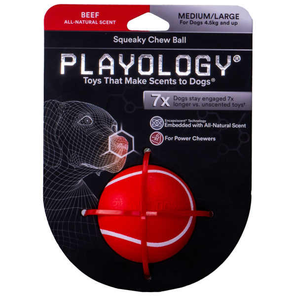 Игрушка для собак мелких и средних пород Playology SQUEAKY CHEW BALL красный жевательный мяч с ароматом говядины 6 см