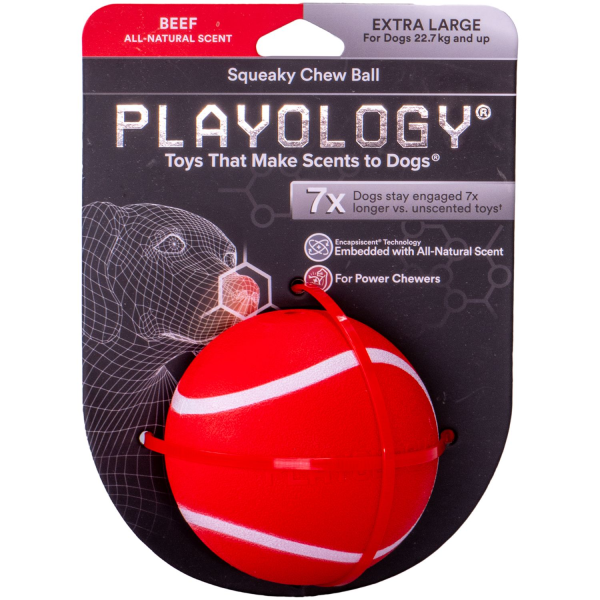 Игрушка для собак средних и крупных пород Playology SQUEAKY CHEW BALL красный жевательный мяч с пищалкой и с ароматом говядины 8 см
