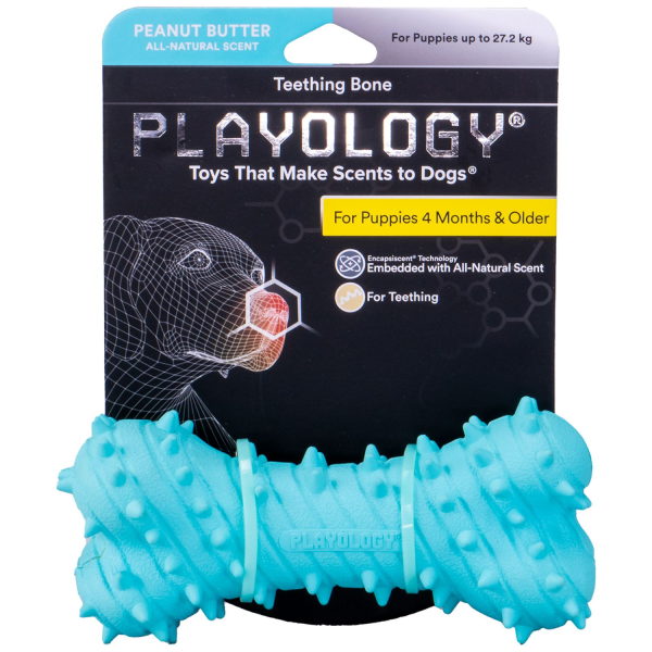 Игрушка для щенков Playology PUPPY TEETHING BONE голубая жевательная косточка с ароматом арахиса