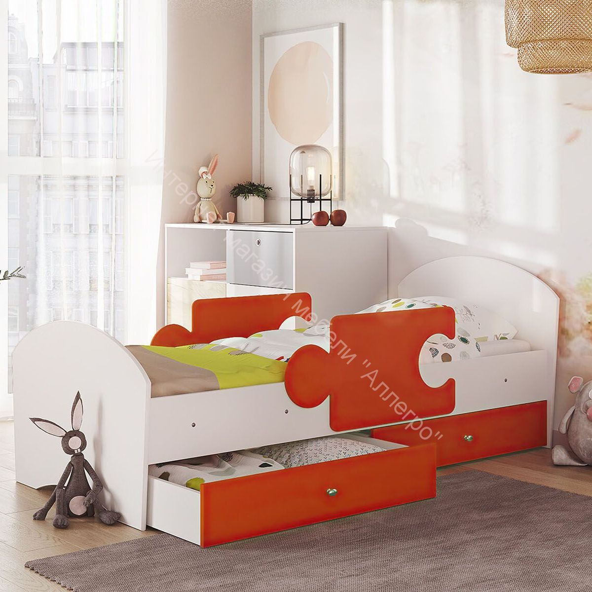 Кровать Мозаика 800*1900 на ламелях с ящиками и бортиками, белый/оранжевый
