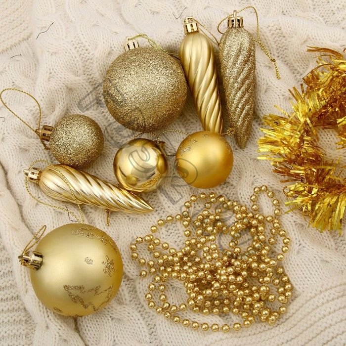 Набор украшений пластик 26 шт "Новогоднее веселье" с бусами и мишурой, золотой