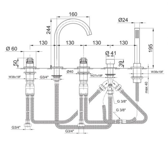 Смеситель для ванны Fantini AL/23 B265 вентильный схема 2