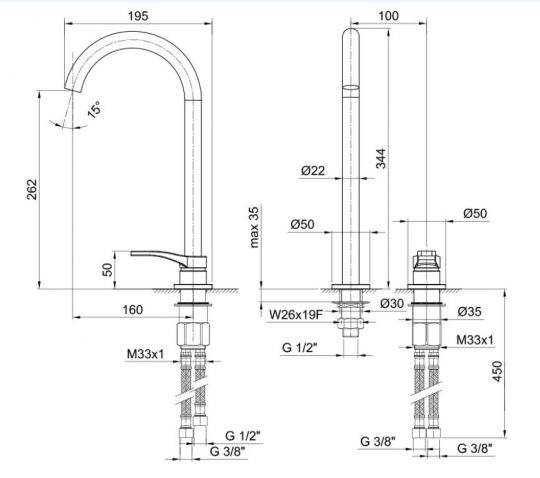 Однорычажный смеситель для раковины Fantini AL/23 B106WF высокий излив схема 4