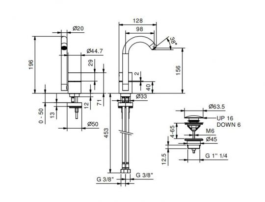 Смеситель для раковины Fantini AA/27 Y004F донный клапан нажимного типа схема 5