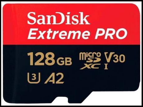 Карта памяти SanDisk microSDXC 128 ГБ Class 10, V30, A2, UHS-I U3, адаптер на SD