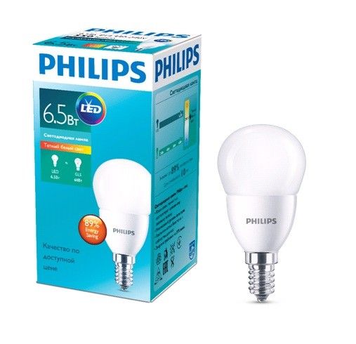 Светодиодная лампа Philips Шар E14 6.5W (6W) (550lm) 2700K 2K 99x51 матов. 929001811507 3377