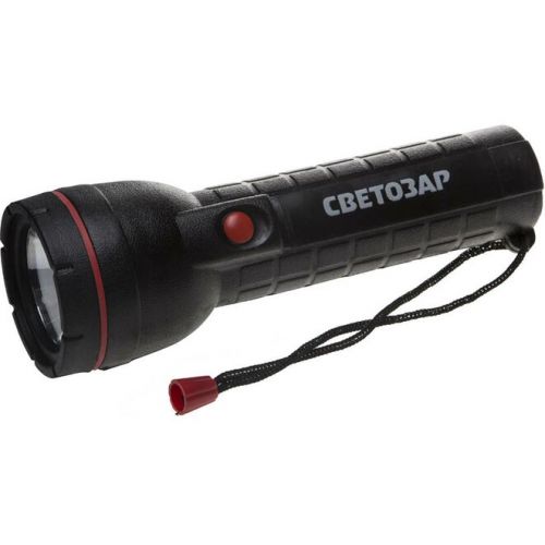 СВЕТОЗАР 1,5 В, 2хD, черный/красный, криптоновая лампа, с двухкомпонентным корпусом и ремешком, фонарь ручной  SV-56415