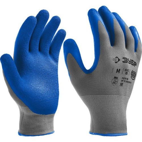 ЗУБР M, 15 класс, рельефные, противоскользящие перчатки с латексным покрытием 11274-M_z01 Профессионал