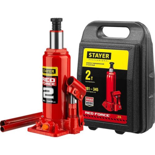 STAYER 2 т, 181-345 мм, домкрат бутылочный гидравлический в кейсе RED FORCE 43160-2-K_z01 Professional