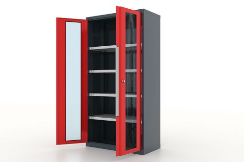 Шкаф металлический для инструмента двухсекционный, дверца со стеклом, темно-серый - красный FERRUM 13.1042-7016/3000