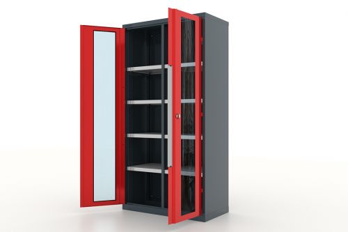 Шкаф металлический для инструмента двухсекционный, дверца со стеклом, темно-серый - красный FERRUM 13.2082-7016/3000