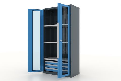 Шкаф металлический для инструмента двухсекционный, дверца со стеклом, темно-серый - синий FERRUM 13.1332-7016/5015