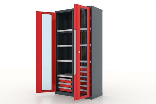 Шкаф металлический для инструмента двухсекционный, дверца со стеклом, темно-серый - красный FERRUM 13.2662-7016/3000