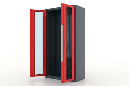 Корпус шкафа инструментального двухсекционного, дверца со стеклом, темно-серый - красный FERRUM 13.9002-7016/3000