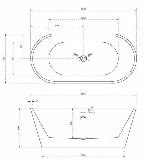 Акриловая ванна ABBER AB9320-1.6 160х75 схема 2
