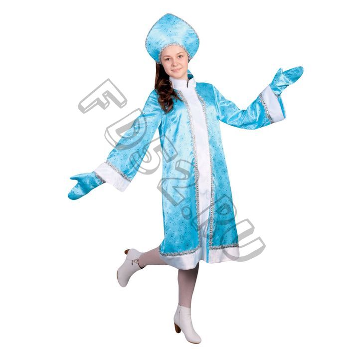 Карнавальный костюм "Снегурочка", атлас, прямая шуба с искрами, кокошник, варежки, цвет голубой, р-р 46