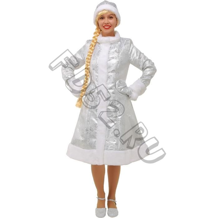 Карнавальный костюм «Снегурочка», шубка из парчи, шапочка, рукавички, цвет серебристый