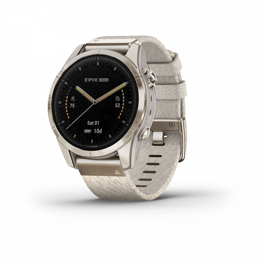 Умные часы Garmin EPIX PRO (Gen 2) Sapphire Edition 42 мм, золотистый корпус с нейлоновым ремешком сливочного цвета