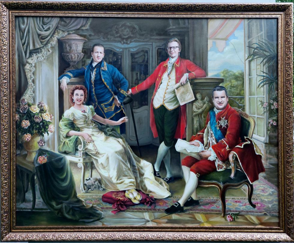 Исторический семейный портрет в дворцовом интерьере, ручная работа