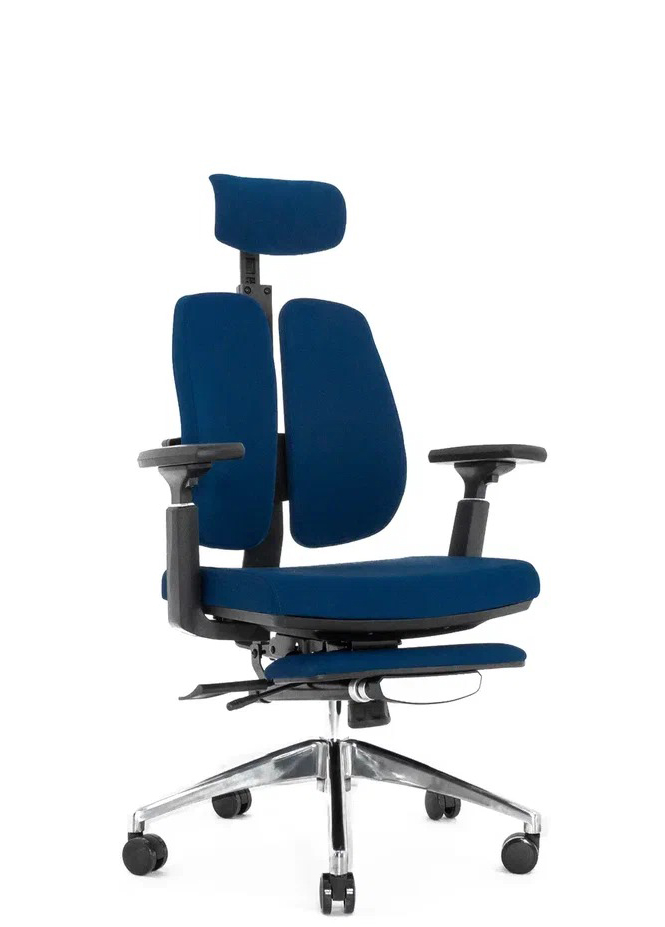 Эргономичное ортопедическое кресло Alpha с подножкой (Черный каркас / обивка ткань DARK BLUE LM-0)