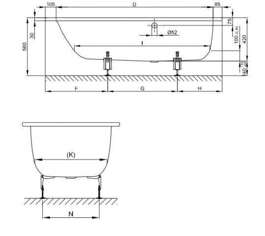 Прямоугольная стальная ванна Bette Select с боковым переливом 3420 правая 160х70 схема 3