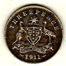 3 пенса 1911 Австралия Редкий год XF
