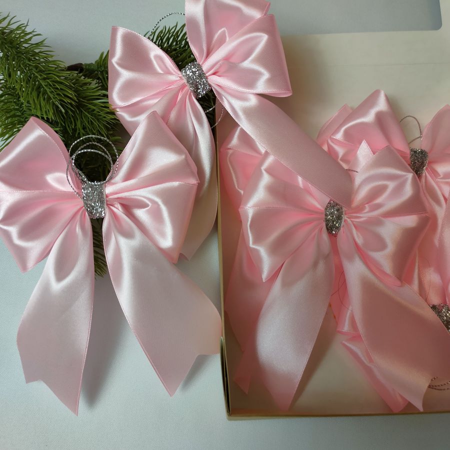 Елочное украшение, набор бантики на елку 10 шт ярко розовый с серебряным декором