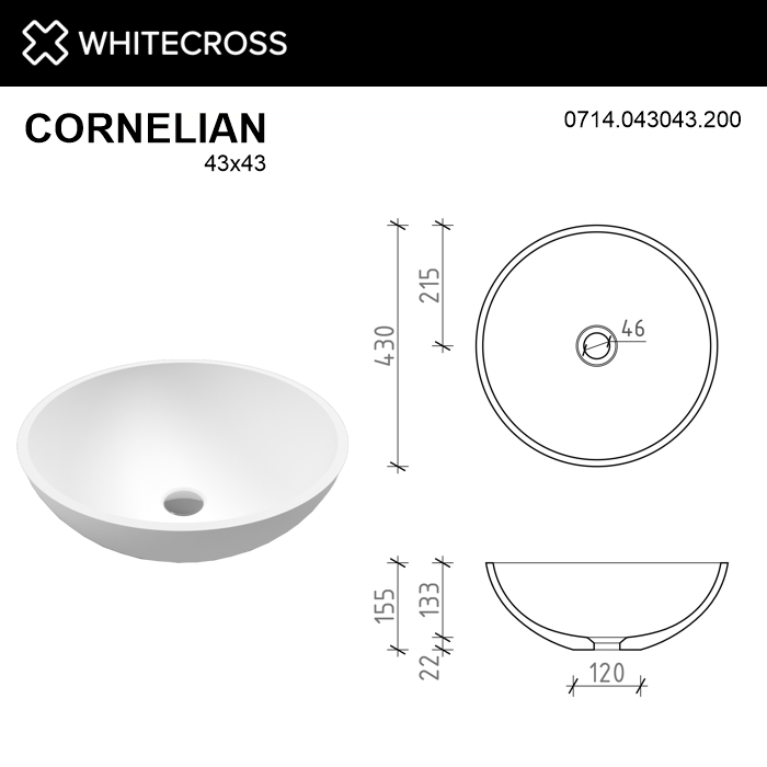 Белая матовая раковина WHITECROSS Cornelian D=43 схема 8