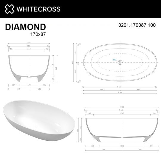 Отельностоящая ванна WHITECROSS Diamond 170x87 0201.170087 в 6 цветах схема 6