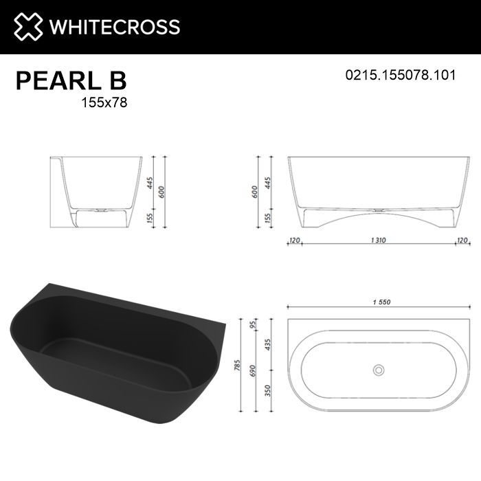 Пристенная ванна WHITECROSS Pearl B 155x78 0215.155078 из камня схема 25