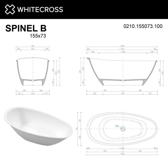 Овальная ванна WHITECROSS Spinel B 155x73 0210.155073 из камня схема 6