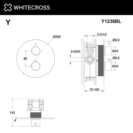 Смеситель термостатический для душа скрытого монтажа WHITECROSS Y Y1236BL черный схема 3