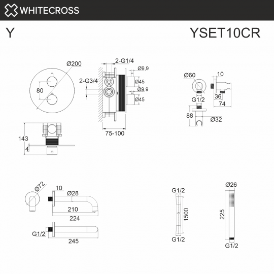 Термостатическая система для ванны скрытого монтажа WHITECROSS Y YSET10CR (хром) ФОТО